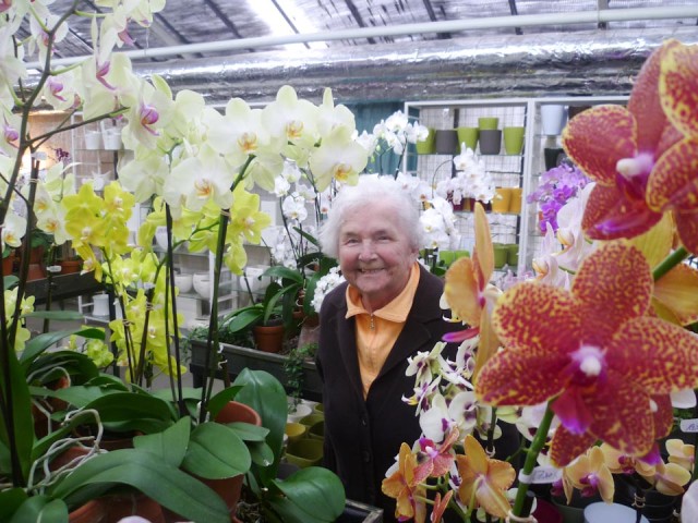 Anna Helgermann schaut schmunzelnd durch die Orchideen